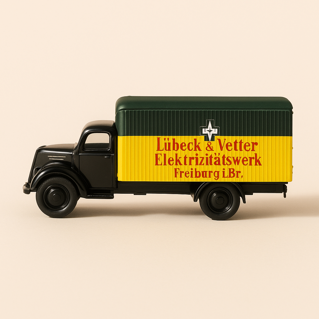 Ciemnozielona furgonetka OPEL BLITZ z 1949 r. do transportu mebli z logo Mobel Merke Eiweiller Saar