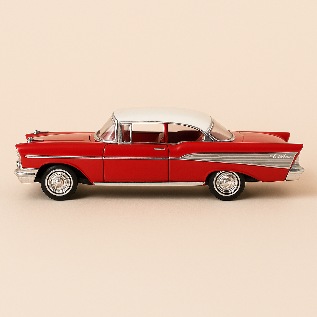 Chevrolet Bel Air z 1957 r., czerwony z kremowym dachem, pudełko zapałek Dinky-Toys