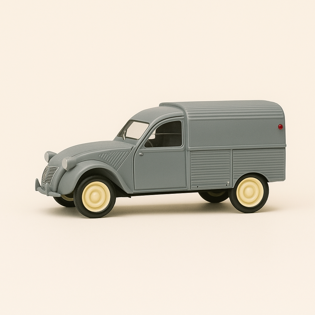 Photo professionnelle de la voiture miniature Citroen 2 Cv Fourgonnette Grise De 1955 Jantes Jaunes Pales - Image clean haute qualité
