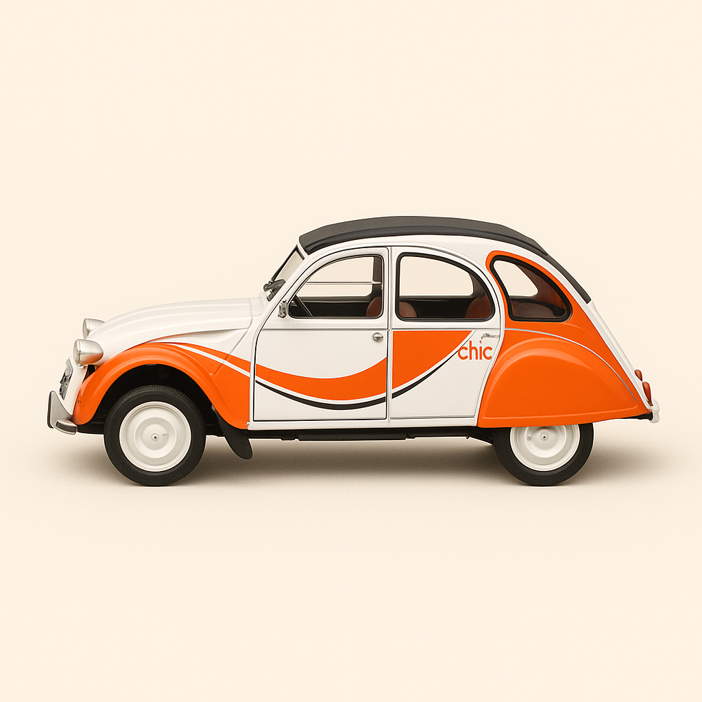 Citroën 2 CV Chic orange et blanche Miss Lucky