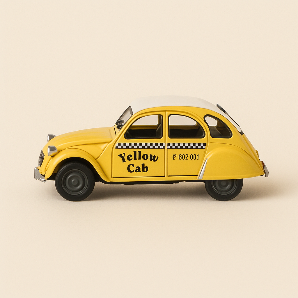 Photo professionnelle de la voiture miniature Citroen 2 Cv Taxi Yellow Cab - Image clean haute qualité