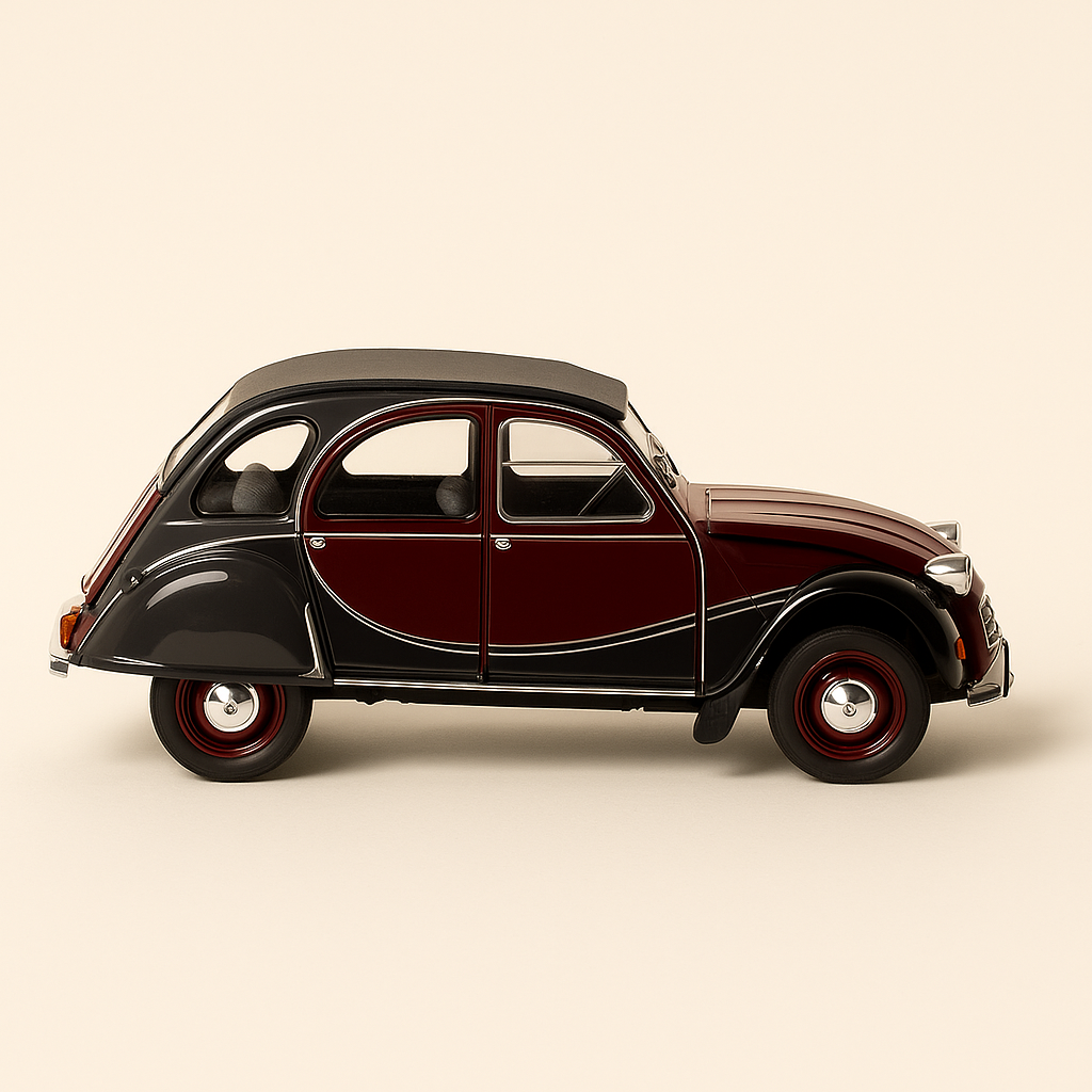 Citroën 2 CV6 Charleston bordeaux a schwaarz vun 1982 (Massstaf 1:24)