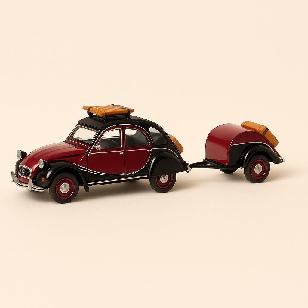 Citroën 2 CV Charleston burgundy and black and its trailer