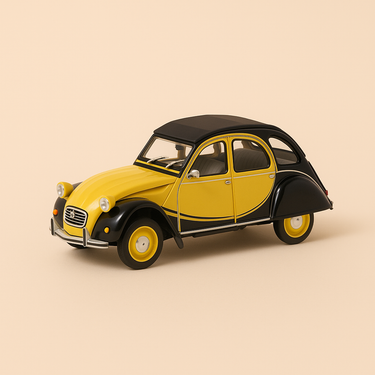Photo professionnelle de la voiture miniature Citroen 2Cv Charleston Jaune Et Noire Et Caravane Eriba Puck - Image clean haute qualité