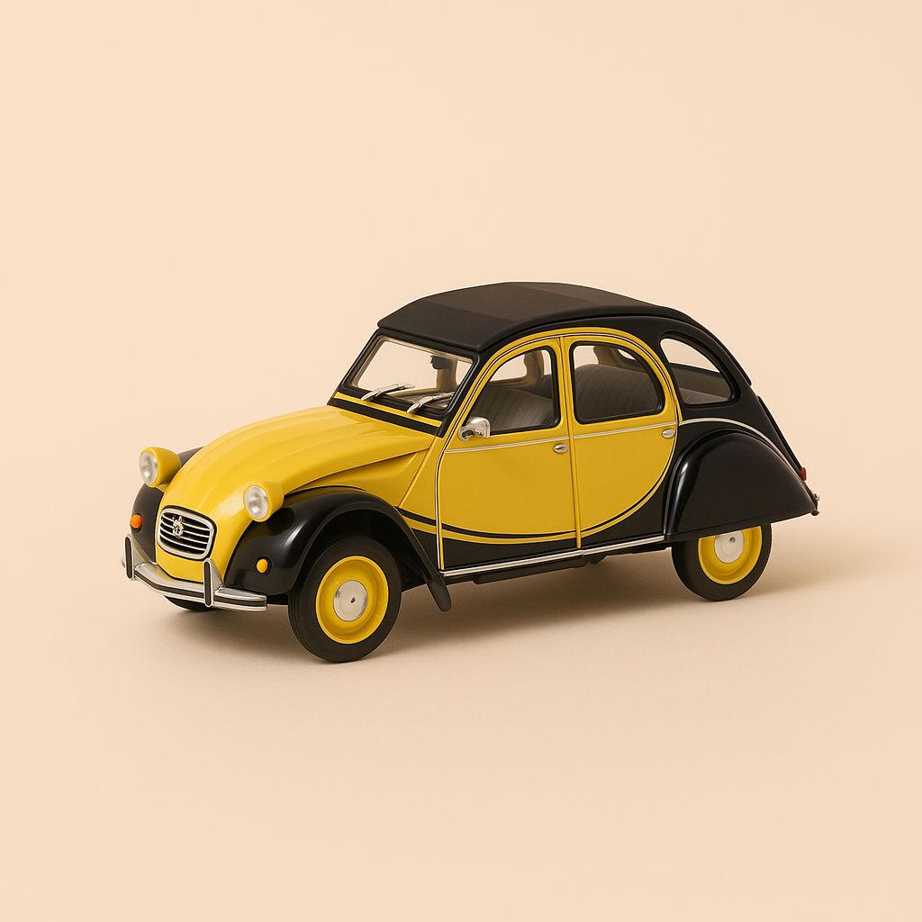 Yellow and black Citroën 2 CV Charleston and Eriba Puck caravan