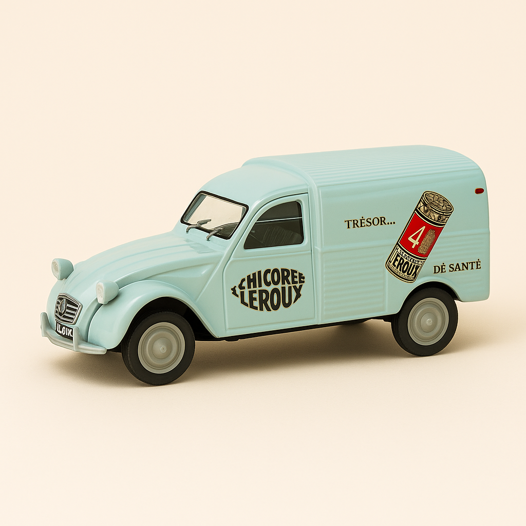 Lichtblauwe Citroën 2CV bestelwagen met CHICOREE LEROUX reclame
