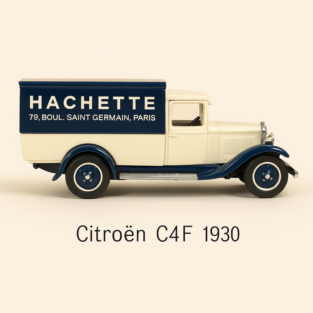 Citroën C4F beige et bleu de 1930 avec la publicité HACHETTE (Solido)