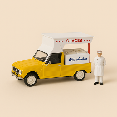 Photo professionnelle de la voiture miniature Citroen Mehari Jaune Le Marchand De Glaces Collection Les Petits Utilitaires Des Artisans Et Commercants - Image clean haute qualité