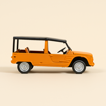 Photo professionnelle de la voiture miniature Citroen Mehari Orange De 1979 Boite Plexi - Image clean haute qualité