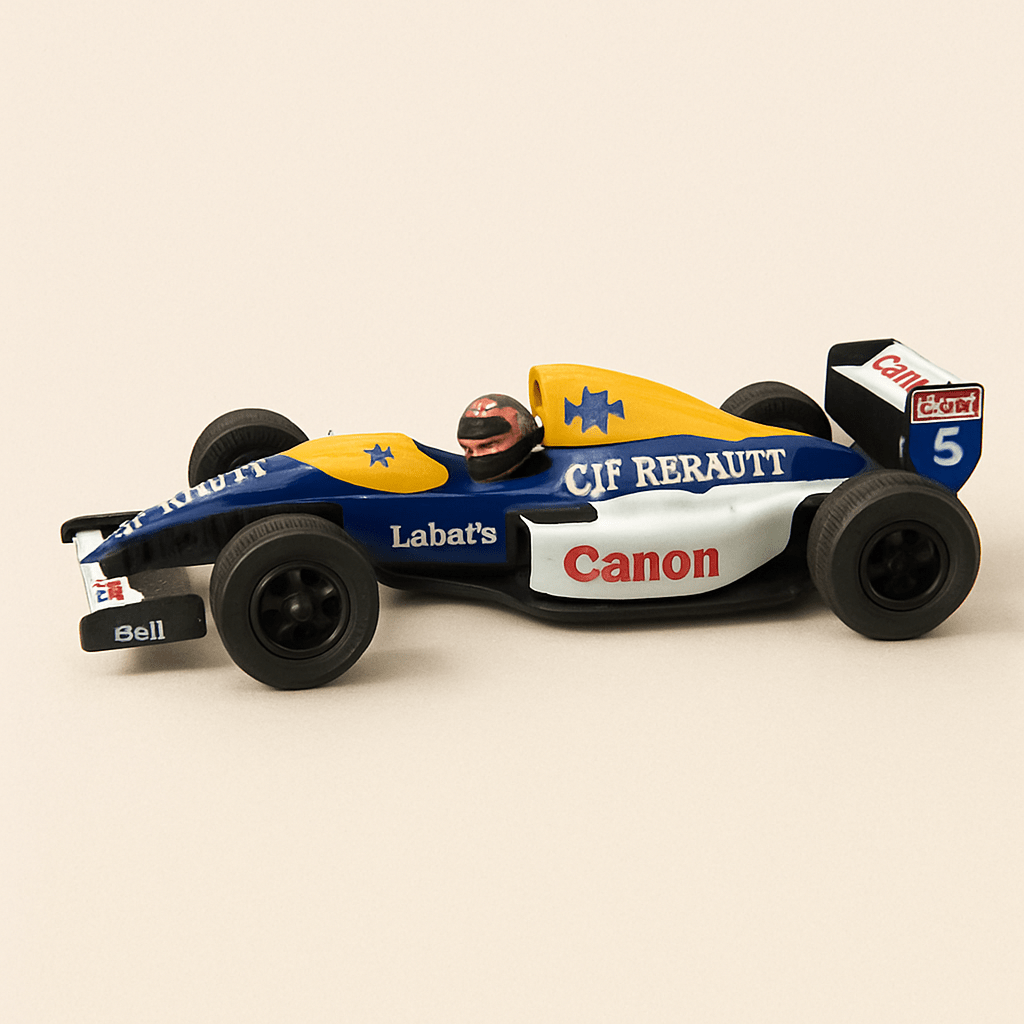 Coche de Fórmula 1 azul, blanco y amarillo número 5 (caja rectangular) colección ONYX