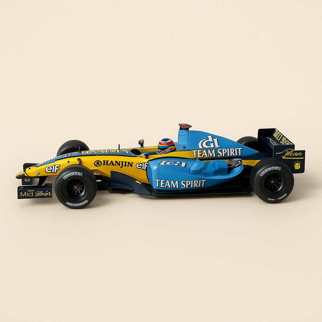 Renault R25 F1 Blue und Yellow Team mit Nummer 5 (Formel 1) - Fernando Alonso (Ladel 1/18.)