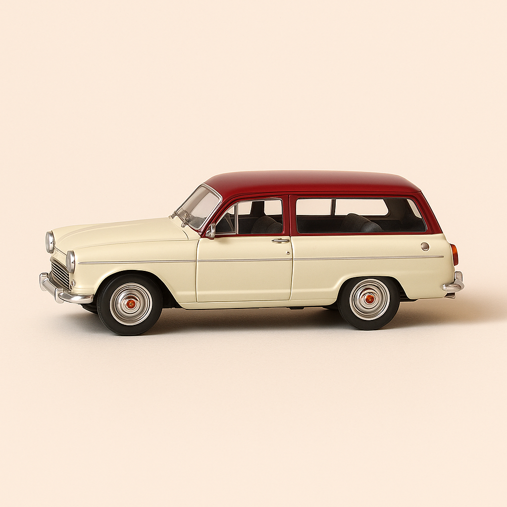 Beige Simca P60 with burgundy roof from 1961 (car added to a base)
