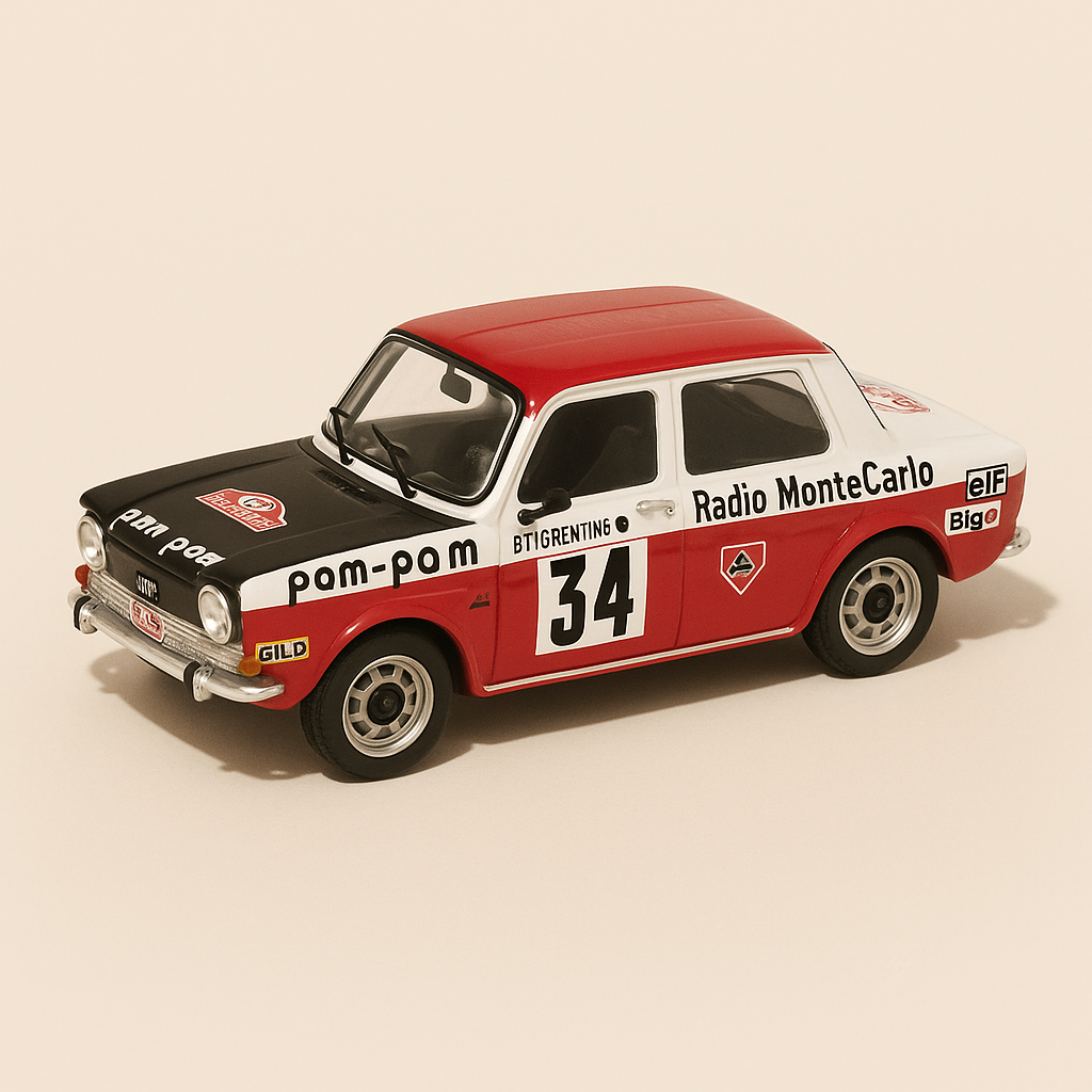 Simca 1000 rallye 2 blanche, noire et rouge numéro 34 - rallye de Monté-Carlo 1973