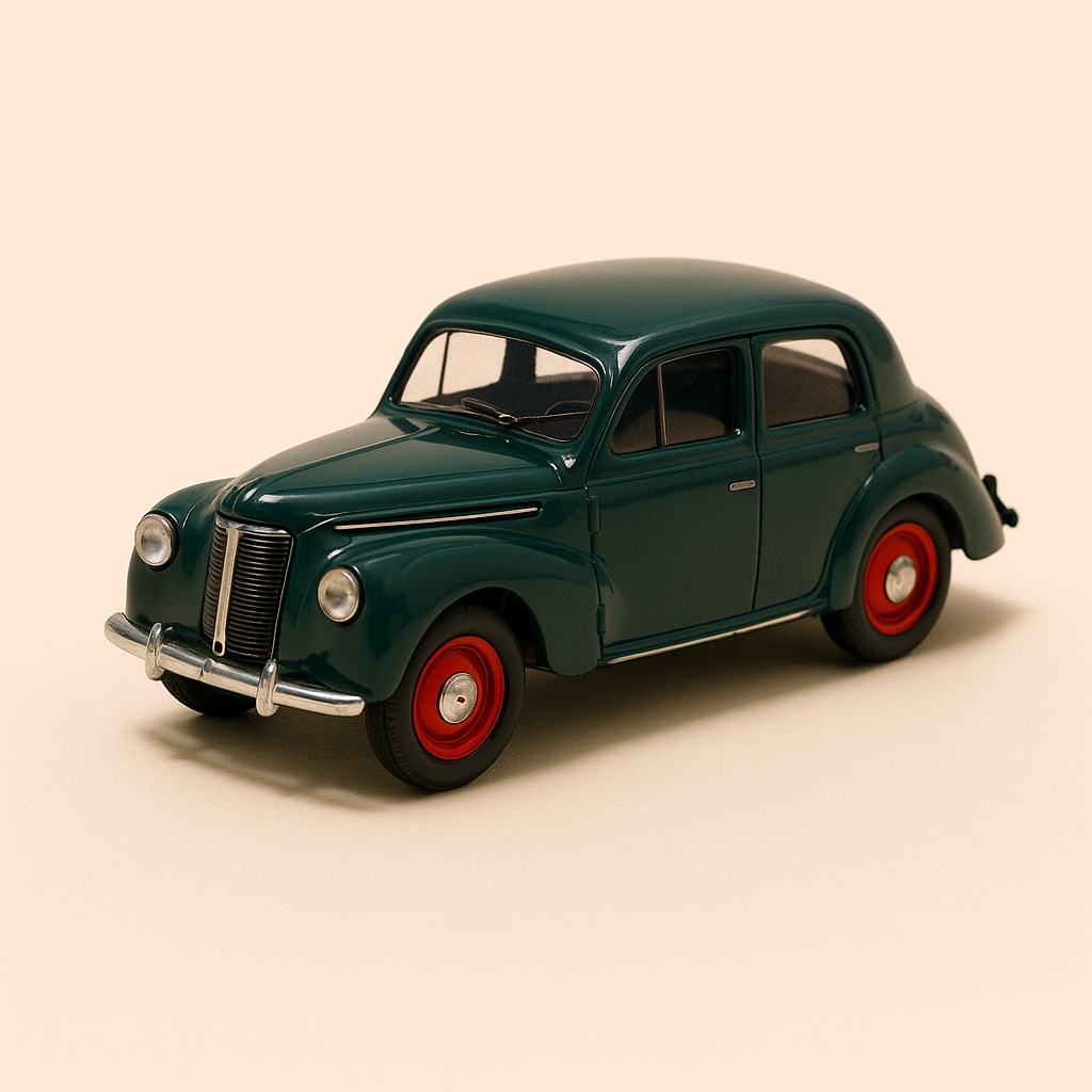 Renault Juvaquatre verte foncée de 1939 avec publicité SINGER (boite carrée)