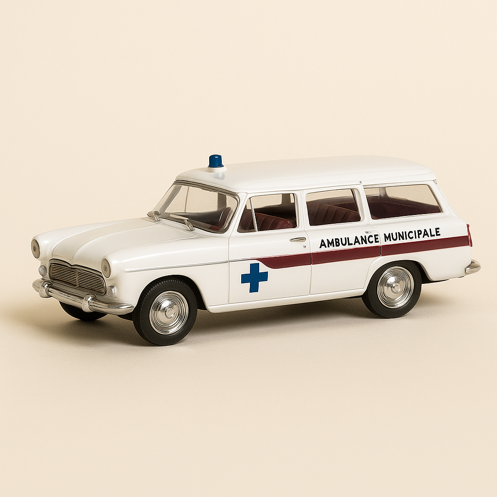 Ambulancia Simca familiar de color blanco Marly (colección de pequeños vehículos utilitarios franceses)