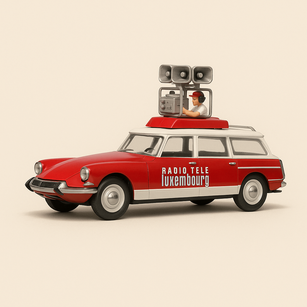 Rout-wäiss Citroën ID Break Radio Télé Lëtzebuerg mat Kameramann um Daach vun der Tour de France 1963