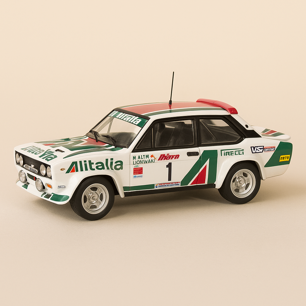 Wäiss, gréng a rout Fiat 131 Abarth Nummer 1 - Rallye vun den 1000er Séien 1979