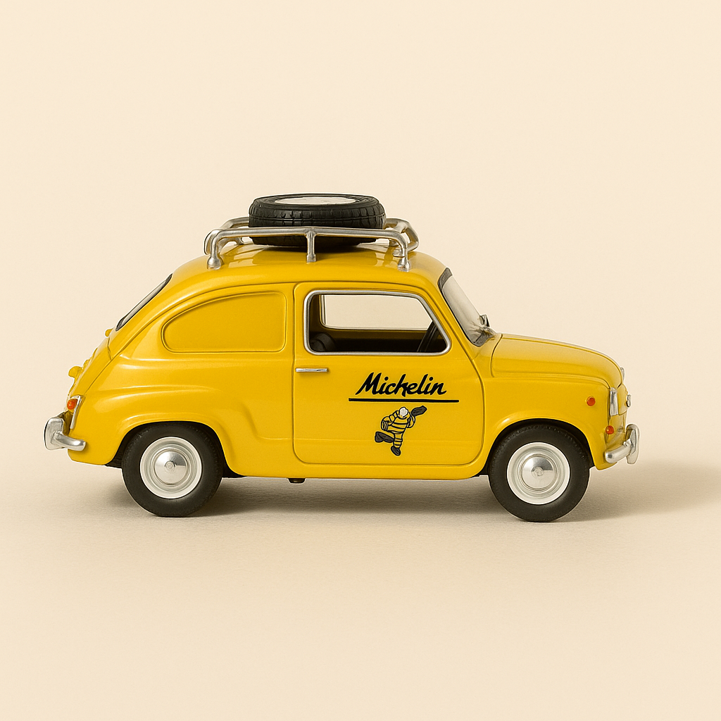 Seat 600 gialla del 1957 MICHELIN (riferimento Solido 82105)