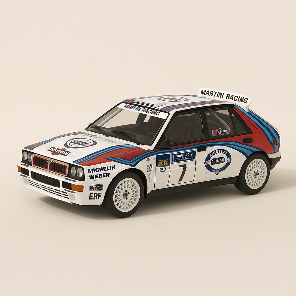 Lancia Delta Intégrale blanche, bleue et rouge numéro 7 - tour de Corse 1992