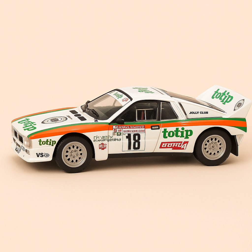 Lancia 037 Rally blanche, orange et verte numéro 18 - rallye de San-Rémo de 1983
