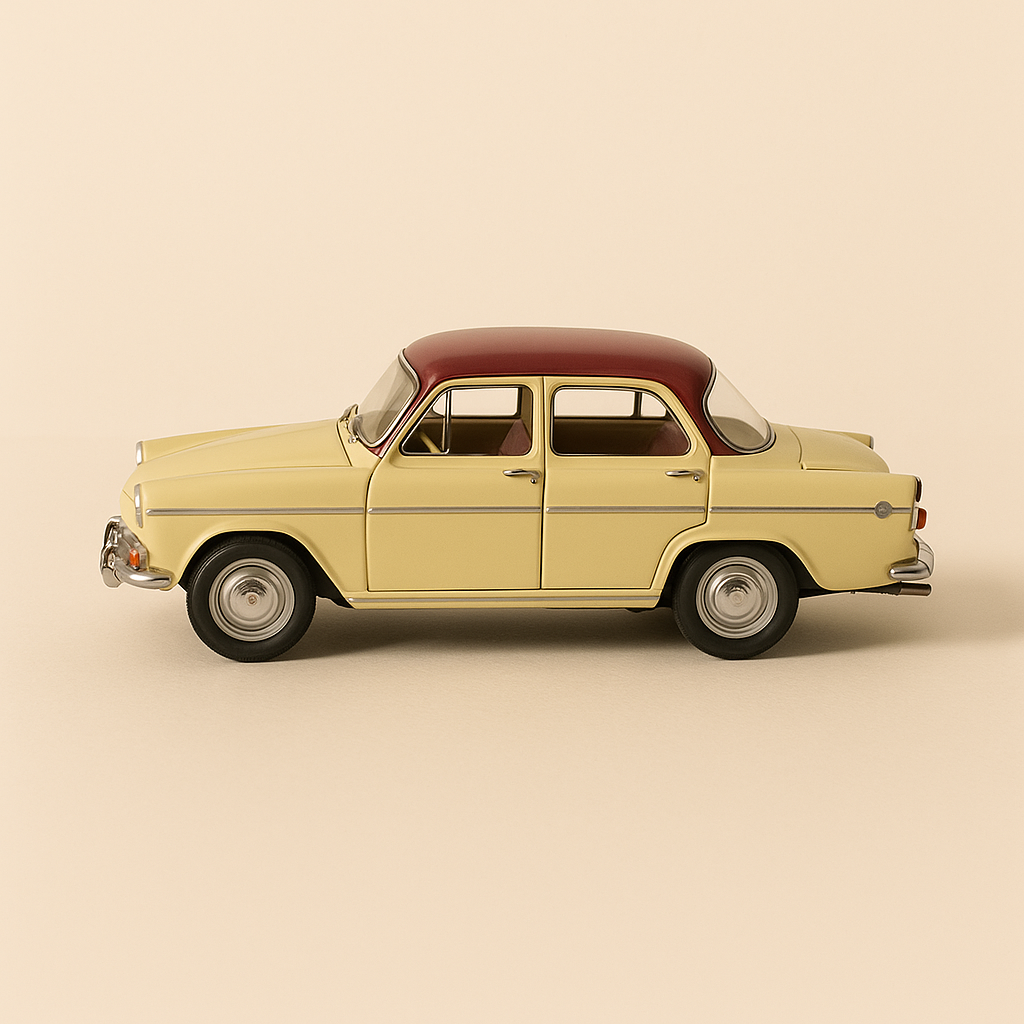Simca P60 beige et toit bordeaux (voiture rajoutée sur socle)