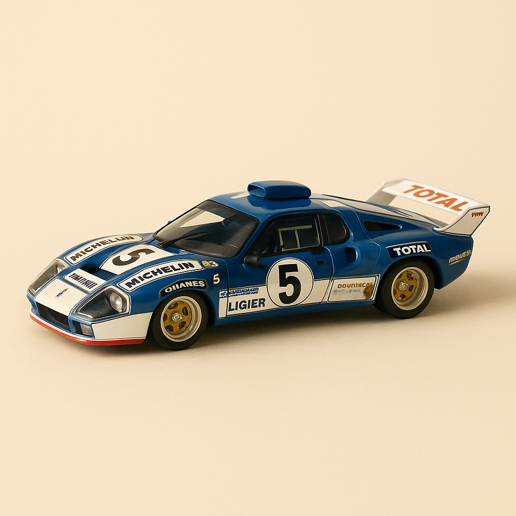 Ligier JS2 blo a wäiss Nummer 5 - 24 Stonnen vum Mans 1975