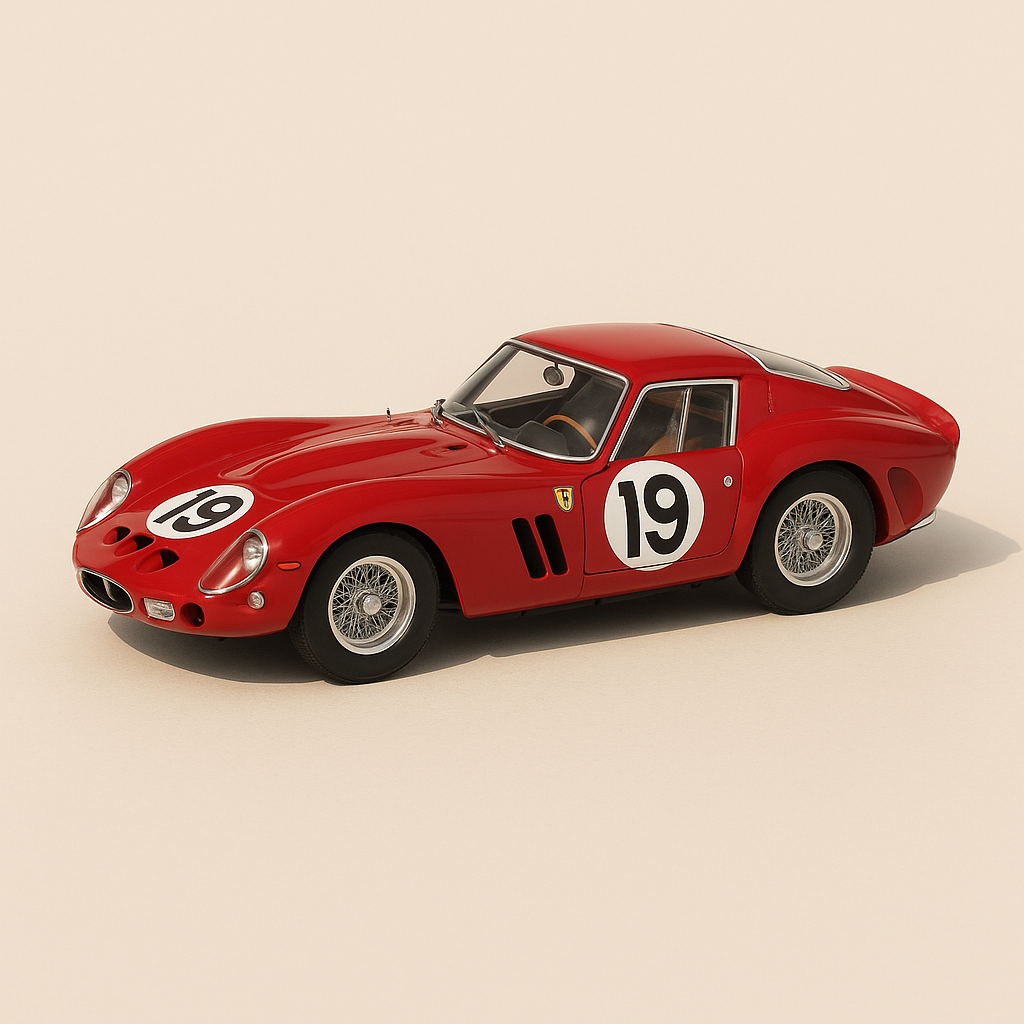 Ferrari 250 GTO vermelho com listras azul, branca e vermelha número 19 - 24 horas de Le Mans 1962