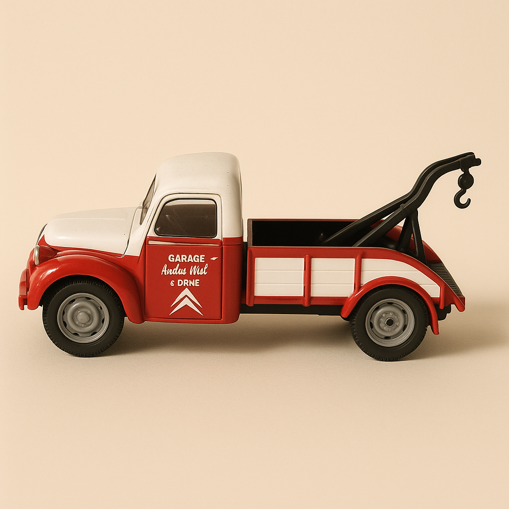 Caminhão reboque Citroën U23 vermelho e branco (com inscrição "garage André Voyé" na porta)