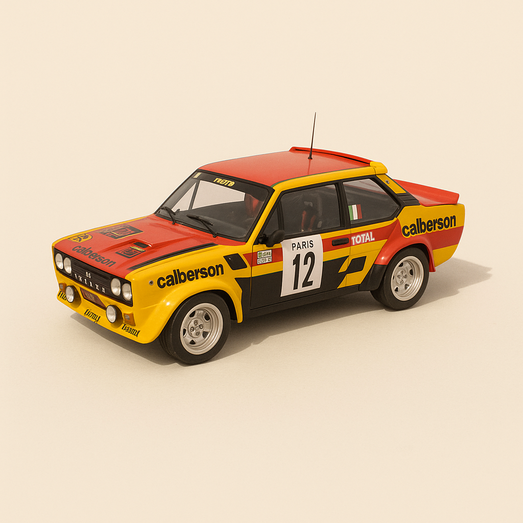 Fiat 131 Abarth giel, rout an schwaarz Nummer 12 - Monte-Carlo Rally vun 1980