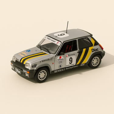 Renault 5 GT Turbo Diac grise numéro 9 "Vainqueur du rallye de Côtes d'Ivoire de 1989 (coffret boite rectangle) - Universal Hobbies - Image haute qualité