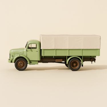 Camion plateau bâché MERCEDES BENZ L325/ LA325 vert pâle et bâche beige (un rétroviseur en moins) - Image haute qualité