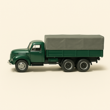 Camion plateau bâché Willeme LC 610 vert foncé et bâche grise (un rétroviseur cassé) - Image haute qualité