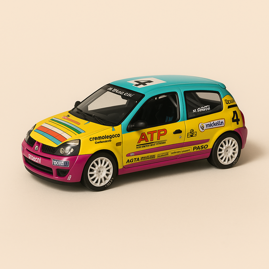 Renault Sport Clio Cup 2002 rosa, gelb und grün Nummer 4 von 2002 (rechteckiges Set) - Universal Hobbies