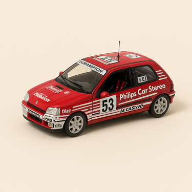 Renault Clio Philips Car Stéréo rouge et blanche numéro 53 Tour de Corse de 1991 (coffret boite rectangle) - Universal Hobbies - Image haute qualité