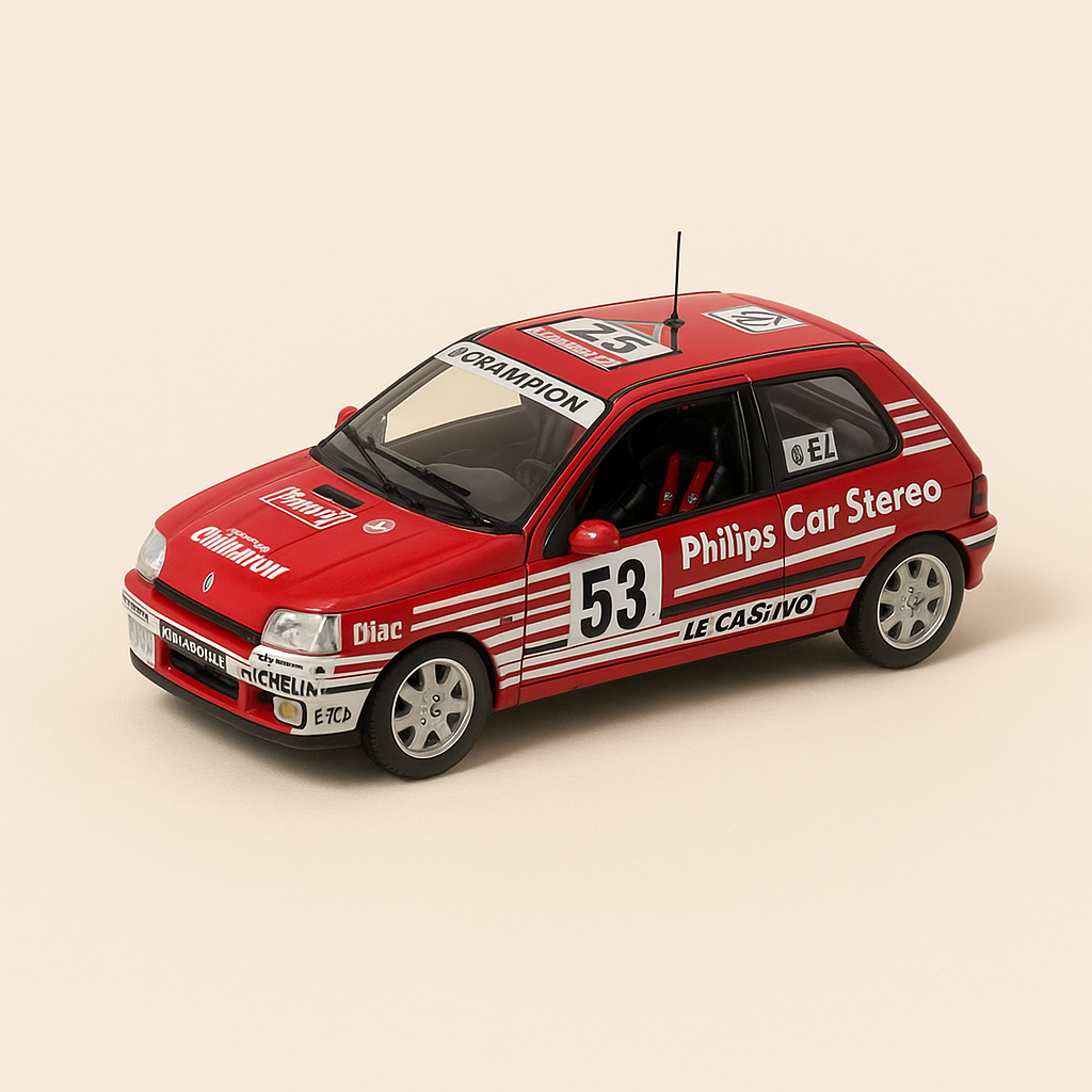 Renault Clio Philips Car Stéréo rouge et blanche numéro 53 Tour de Corse de 1991 (coffret boite rectangle) - Universal Hobbies
