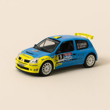 Renault Clio Super 1600 bleue et jaune numéro 9 - rallye Lyon - Charnonnières de 2004 (coffret boite rectangle) - Universal Hobbies - Image haute qualité