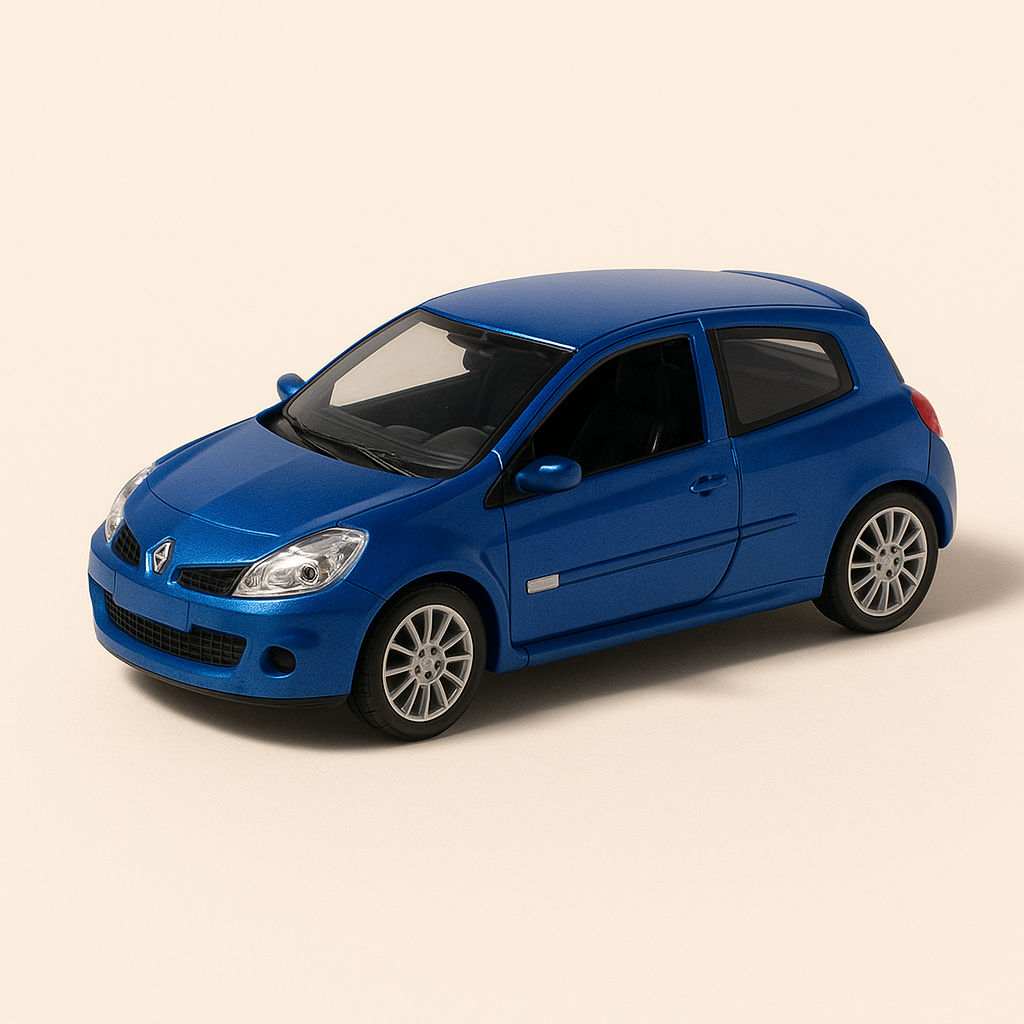 Renault Sport Këscht mat 1 routem Mégane Sport aus 2004, 1 blo Clio V6 aus 2003 an 1 grau-gee ds Clio Super 1600 aus 2004 (SKALA: 1/64)