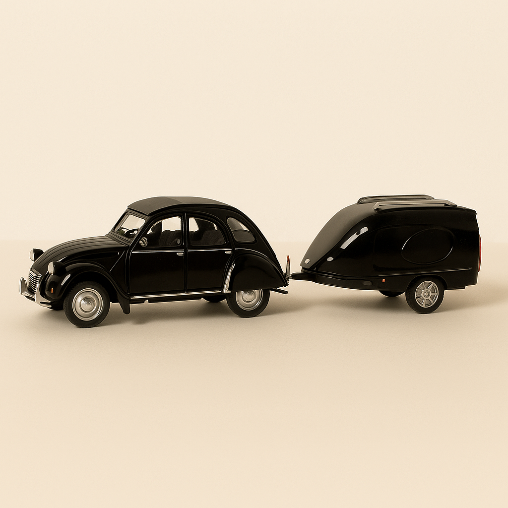 Citroën 2 CV with hearse trailer (car and trailer added on a base)