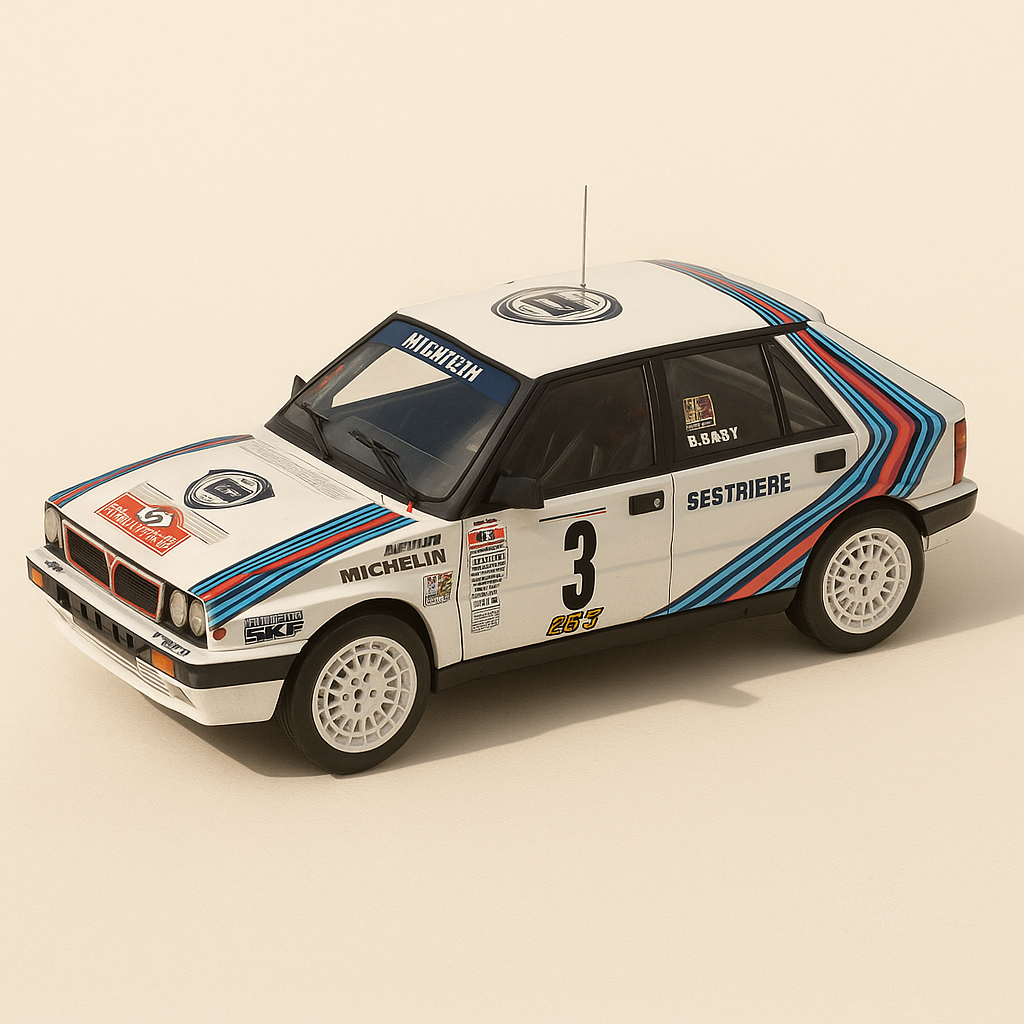 Lancia Delta HF 4WD wäiss, blo a rout nummer 3 (Rallye de Monte-Carlo 1988)