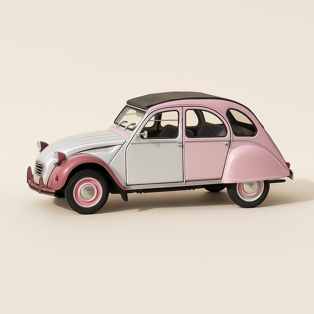 Citroën 2 CV rose et blanche (2 CV Charly Girlie de chez Auto Plus)