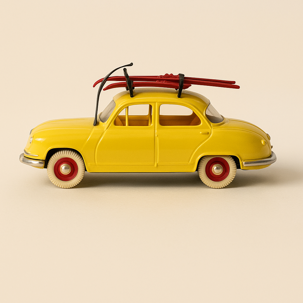 Panhard Dyna jaune avec des skis - NOREV (voiture en plastique) - Image haute qualité