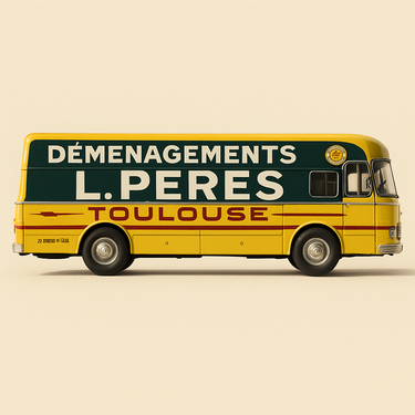 Camion Berliet PLR 8 MU jaune et vert carrosserie Dubos camion de déménagements L. PERES (Toulouse) - Edition Hachette Collections / fabricant de miniatures :IXO - Image haute qualité