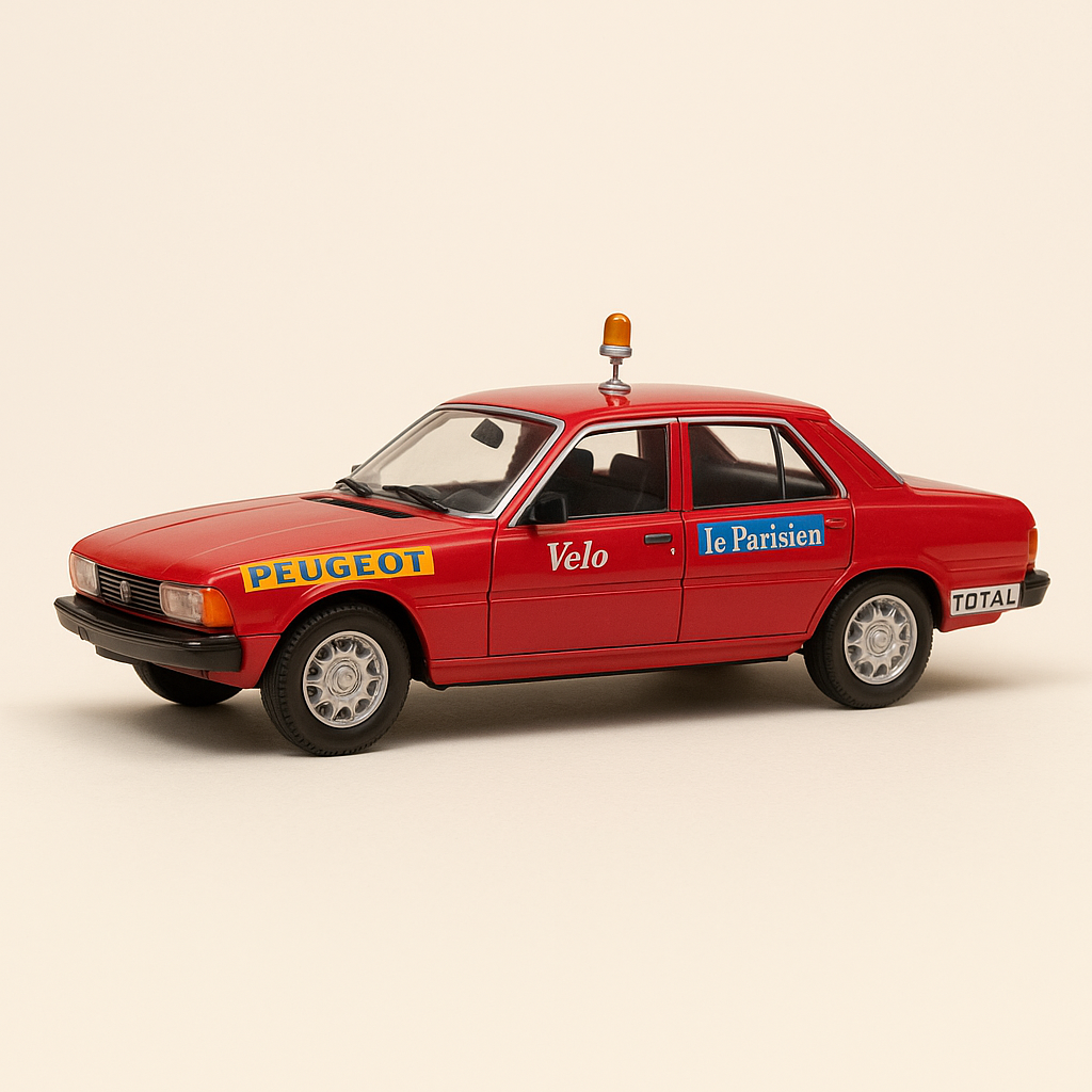 Peugeot 604 rout a wäiss vum Course Directeur vum Tour de France 1986