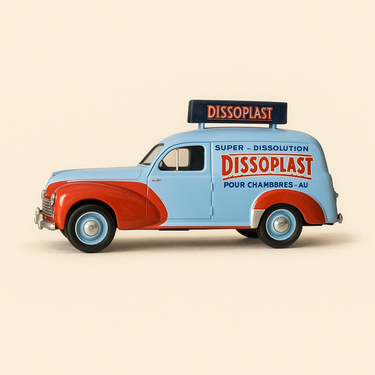 Peugeot 203 bleue et orange colle Dissoplast du tour de France de 1954 - Image haute qualité