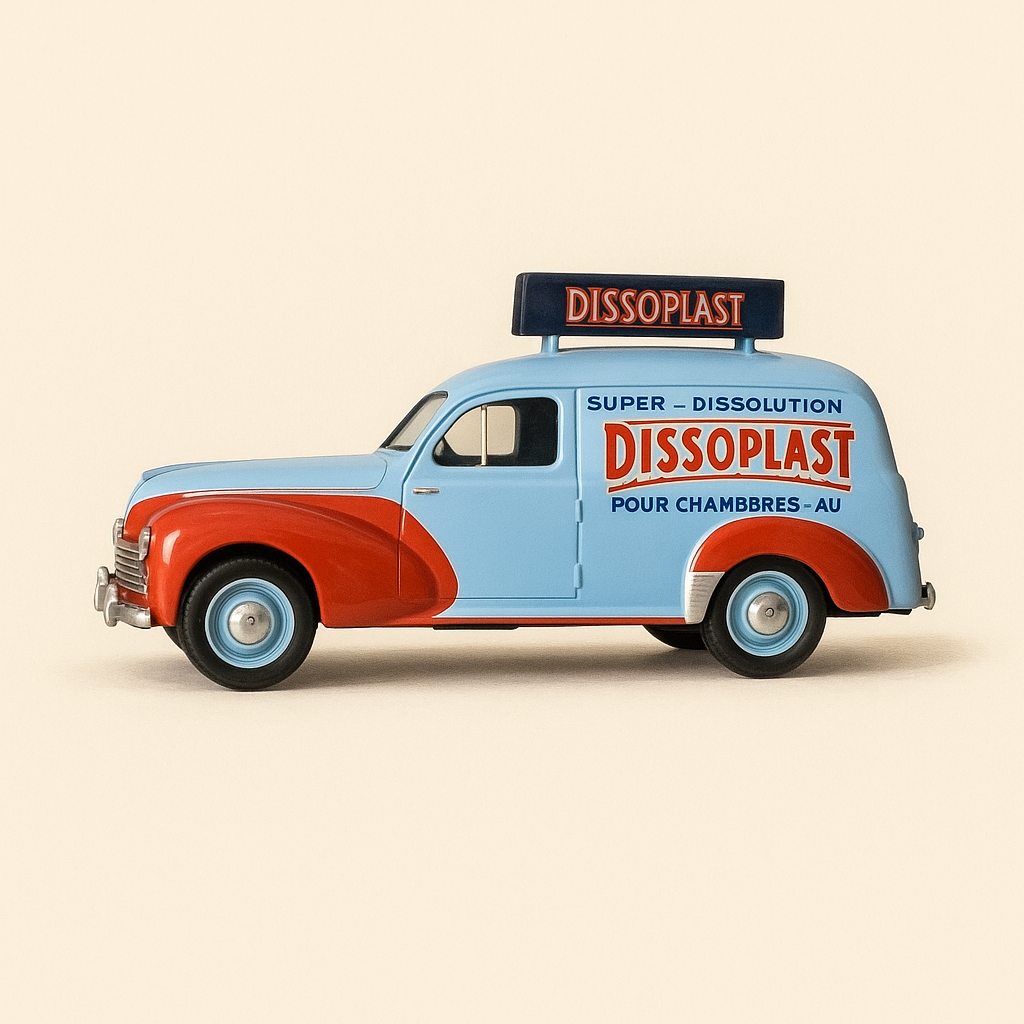 Peugeot 203 blo a orangescht Dissoplast Kleber vum Tour de France 1954