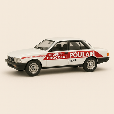 Peugeot 505 blanche et rouge Chocolat POULAIN du tour de France de 1983 - Image haute qualité