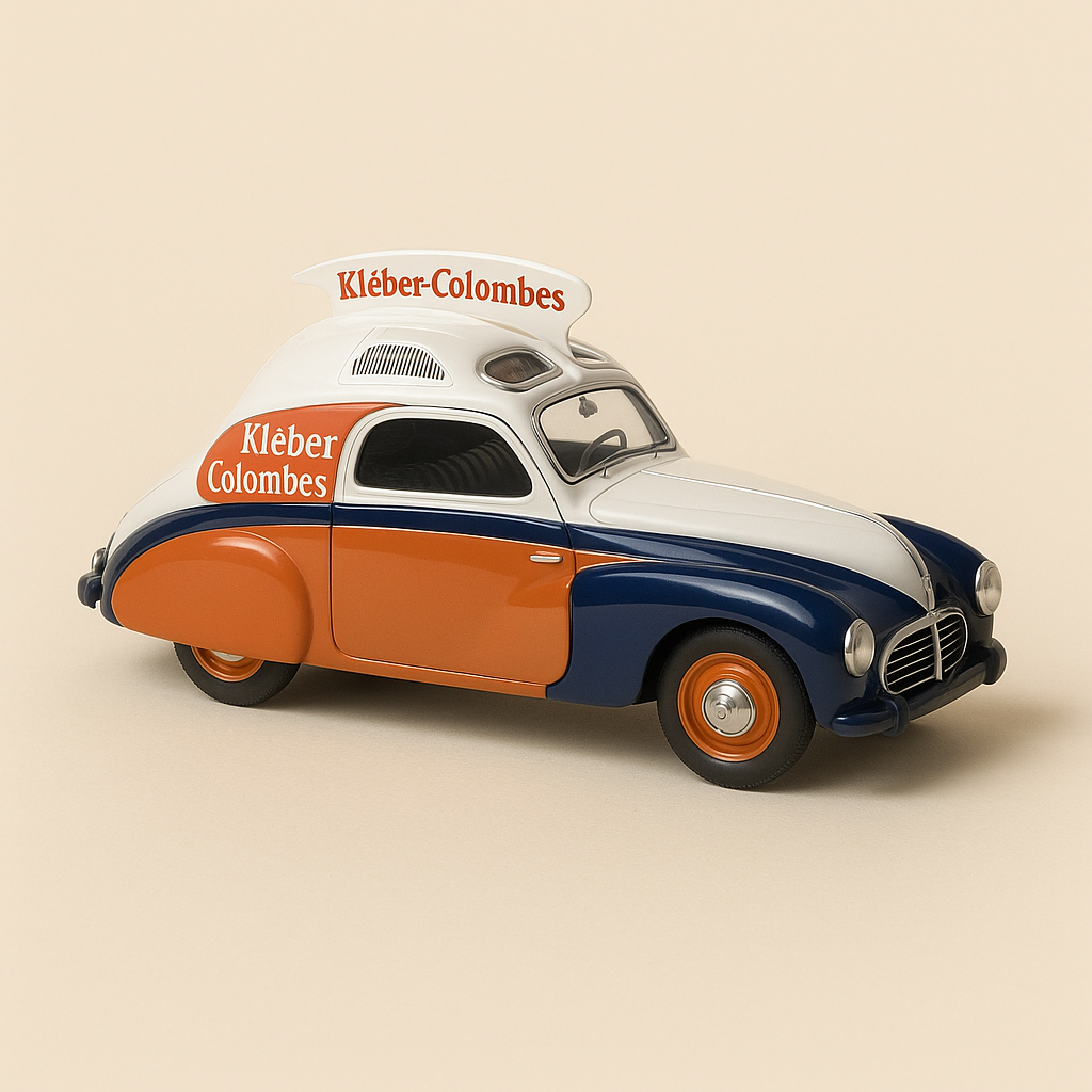 Delahaye 148L orange, blo a wäiss "Kléber Colombes" - Reklamefahrzeug vum Tour de France