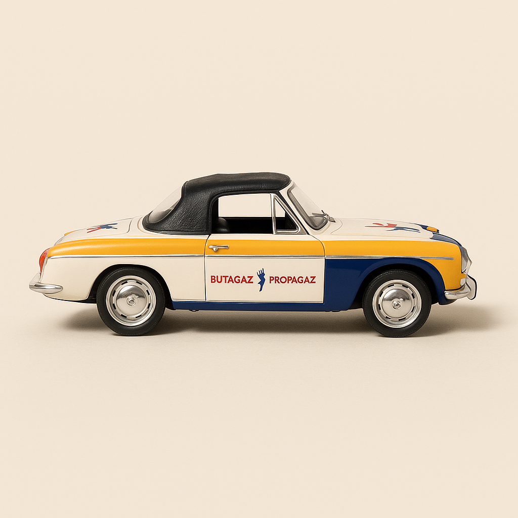 Simca week-end blo, wäiss a orange BUTAGAZ - Werbegefier vum Tour de France
