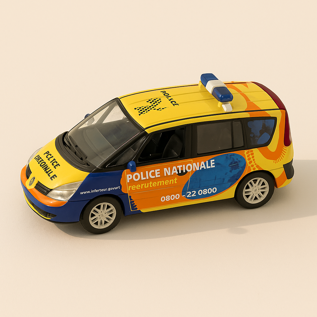 Renault Espace 4 jaune, orange et bleue de 2003 - Police Nationale recrutement