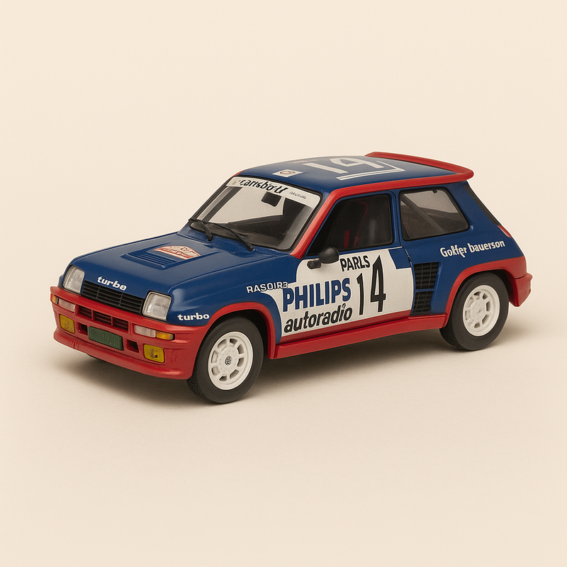 Renault 5 Turbo blénk, wäiss a roude Nummer 14 "Philips Raseren" Rallye vu Monte-Carlo 1983